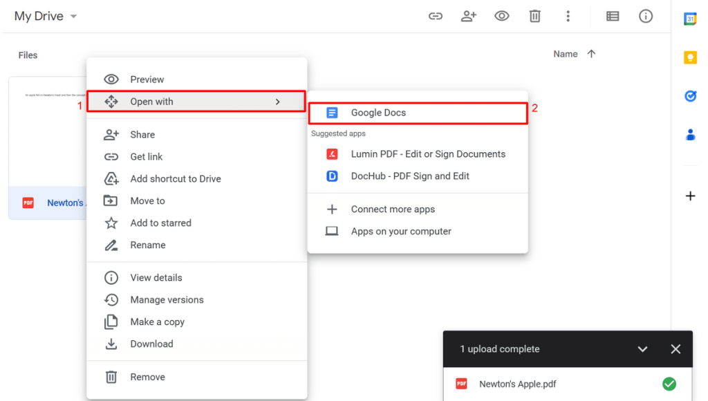 repair pdf without software Google Drive context menu showing 'Open with Google Docs' option
