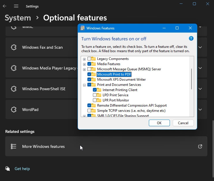 repair pdf without software Windows Print dialog with Microsoft Print to PDF selected and the corrupted PDF previewed