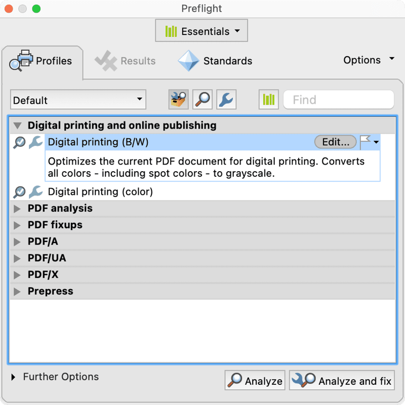 test pdf file integrity Adobe Acrobat Pro Preflight tool interface showing analysis results